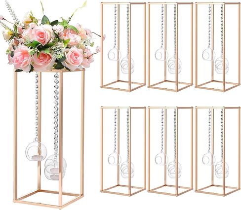 Yerliker 6 Sets 20'' Tall Wedding Centerpieces Decoration Flower Vase Clear Acrylic Flowers Stand with Hanging Glass Tealight Holder Globe, Crystal Garland Strands and Self Adhesive Hooks in Saudi Arabia