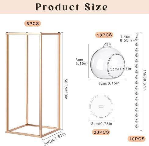 Yerliker 6 Sets 20'' Tall Wedding Centerpieces Decoration Flower Vase Clear Acrylic Flowers Stand with Hanging Glass Tealight Holder Globe, Crystal Garland Strands and Self Adhesive Hooks in Saudi Arabia
