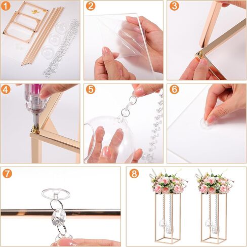 Yerliker 6 Sets 20'' Tall Wedding Centerpieces Decoration Flower Vase Clear Acrylic Flowers Stand with Hanging Glass Tealight Holder Globe, Crystal Garland Strands and Self Adhesive Hooks in Saudi Arabia