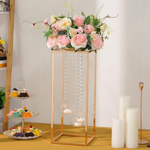 Yerliker 6 Sets 20'' Tall Wedding Centerpieces Decoration Flower Vase Clear Acrylic Flowers Stand with Hanging Glass Tealight Holder Globe, Crystal Garland Strands and Self Adhesive Hooks in Saudi Arabia