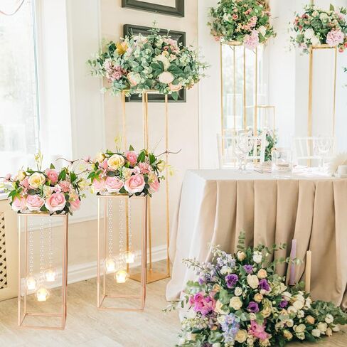 Yerliker 6 Sets 20'' Tall Wedding Centerpieces Decoration Flower Vase Clear Acrylic Flowers Stand with Hanging Glass Tealight Holder Globe, Crystal Garland Strands and Self Adhesive Hooks in Saudi Arabia