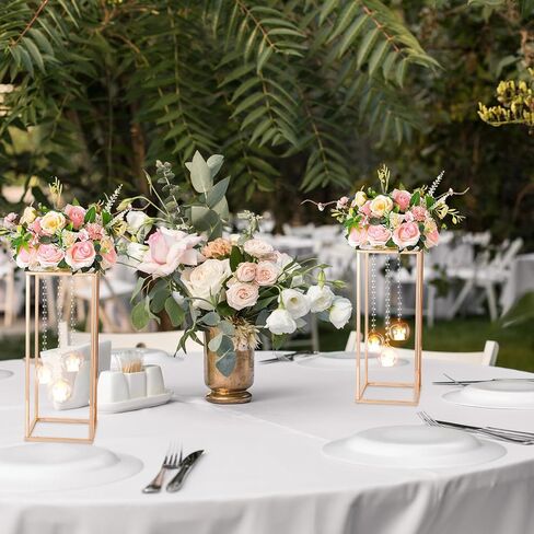 Yerliker 6 Sets 20'' Tall Wedding Centerpieces Decoration Flower Vase Clear Acrylic Flowers Stand with Hanging Glass Tealight Holder Globe, Crystal Garland Strands and Self Adhesive Hooks in Saudi Arabia