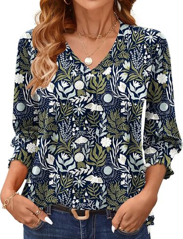 AKEWEI 3/4 Length Sleeve Womens Tops Summer Fashion V Neck Business Casual Blouses Smocked Shirts in Kuwait