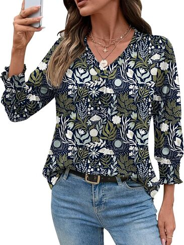 AKEWEI 3/4 Length Sleeve Womens Tops Summer Fashion V Neck Business Casual Blouses Smocked Shirts in Kuwait
