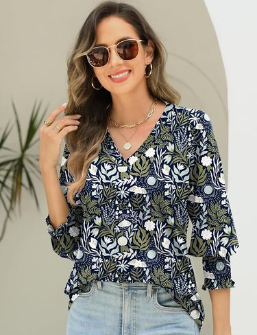 AKEWEI 3/4 Length Sleeve Womens Tops Summer Fashion V Neck Business Casual Blouses Smocked Shirts in Kuwait
