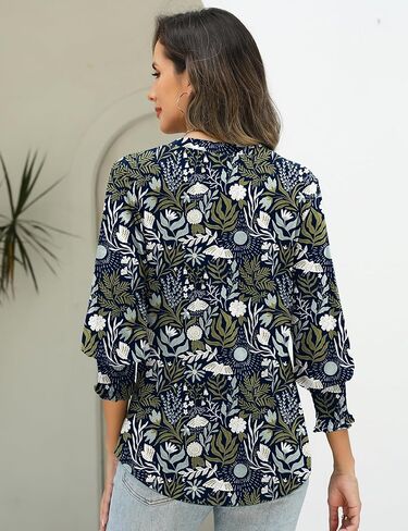 AKEWEI 3/4 Length Sleeve Womens Tops Summer Fashion V Neck Business Casual Blouses Smocked Shirts in Kuwait