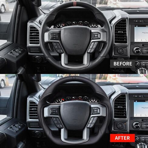 عجلة القيادة الجلدية الكاملة ، عجلة القيادة الجلدية المثقبة على شكل D تناسب F150 2015-2020 (بدون إصدار مجداف) in Kuwait