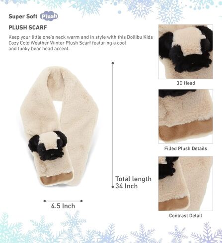 DolliBu Pug Dog Plush Scarf - Super Soft Warm Fluffy Kids Scarf Accessory, Fashionable Plush Party Winter Outfit, Stuffed Animal Scarf Costume, Cozy Outdoor Winter Scarf for Kids and Adults - 34" Inch in Saudi Arabia