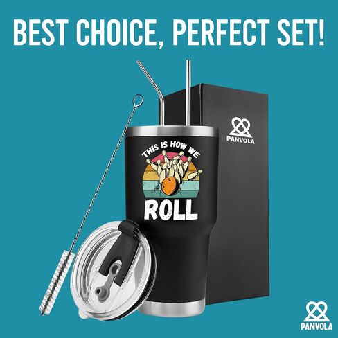 Panvola This Is How We Roll Bowling Gifts for Men Women Coach Bowling Balls and Pins Vacuum Insulated Tumbler Funny Sports Player Stainless Steel Travel Mug with Lid and Straw 20 oz Black in Kuwait
