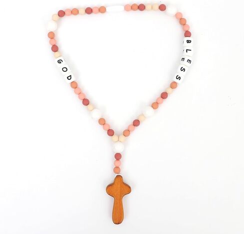 Cross Silicone Rosary - Baptism Party Supplies,Floral Silicone Beads Baptism Gift,Catholic First Communion Chewy Rosary (Pink Floral) in Kuwait