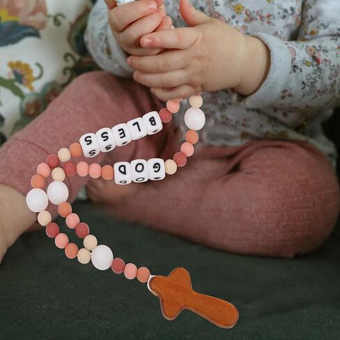 Cross Silicone Rosary - Baptism Party Supplies,Floral Silicone Beads Baptism Gift,Catholic First Communion Chewy Rosary (Pink Floral) in Kuwait