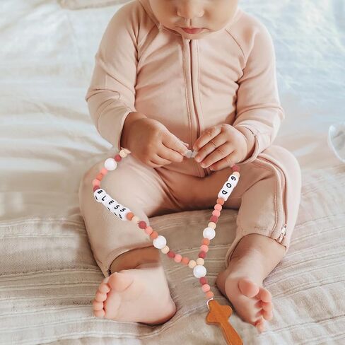 Cross Silicone Rosary - Baptism Party Supplies,Floral Silicone Beads Baptism Gift,Catholic First Communion Chewy Rosary (Pink Floral) in Kuwait