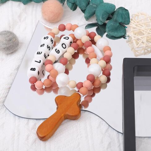 Cross Silicone Rosary - Baptism Party Supplies,Floral Silicone Beads Baptism Gift,Catholic First Communion Chewy Rosary (Pink Floral) in Kuwait