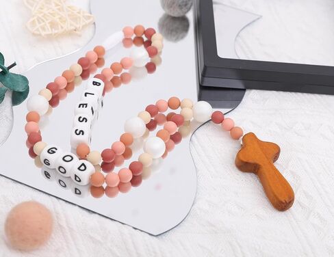 Cross Silicone Rosary - Baptism Party Supplies,Floral Silicone Beads Baptism Gift,Catholic First Communion Chewy Rosary (Pink Floral) in Kuwait