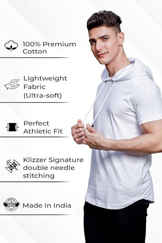 Klizzer Short Sleeve Hoodies for Men - 100% Cotton Hoodie - Hooded T Shirts for Men - Lightweight Men, playeras con Gorro para Hombre, Men's Athletic Hoodies, Short Sleeve, Denim L in Kuwait