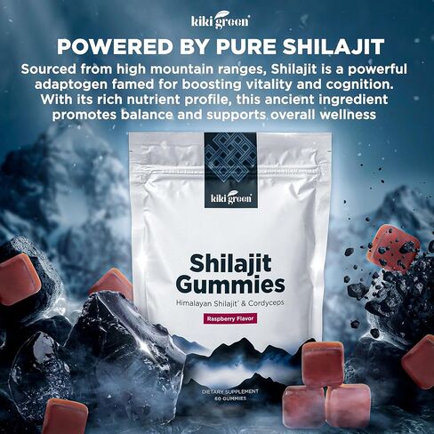 Kiki Green Shilajit Gummies - 1000 mg pure Himalayan Shilajit Gummies مع مستخلص Cordyceps - معادن تتبع - 60 معبأة بشكل فردي - نكهة التوت العليق in Kuwait