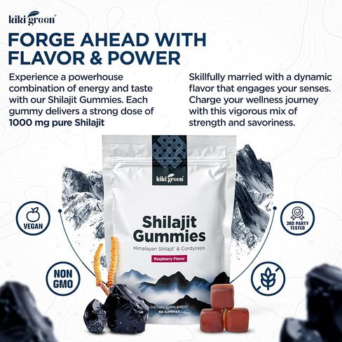 Kiki Green Shilajit Gummies - 1000 mg pure Himalayan Shilajit Gummies مع مستخلص Cordyceps - معادن تتبع - 60 معبأة بشكل فردي - نكهة التوت العليق in Kuwait