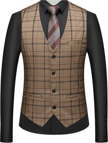 Men's Slim Fit Plaid Suit Vest - Lightweight Checkered V-Neck Waistcoat for Wedding, Business, Prom & Casual Occasions in Saudi Arabia