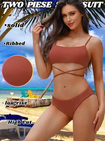 Sexy Women Ribbed Two Piece Bikini Set, Scoop Neck Underboob Criss Cross Swimsuit, High Cut Cheeky Bathing Suit Beach in Saudi Arabia