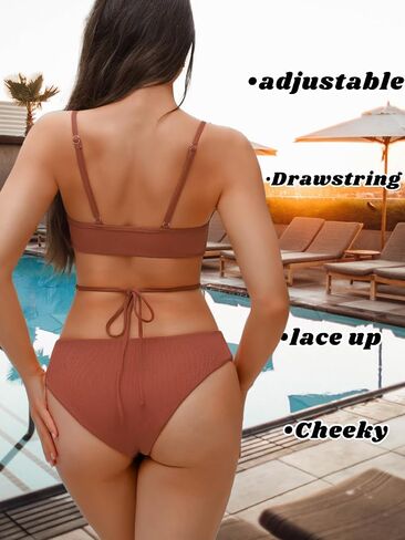 Sexy Women Ribbed Two Piece Bikini Set, Scoop Neck Underboob Criss Cross Swimsuit, High Cut Cheeky Bathing Suit Beach in Saudi Arabia