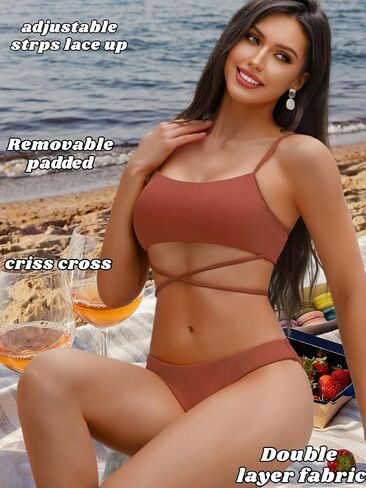 Sexy Women Ribbed Two Piece Bikini Set, Scoop Neck Underboob Criss Cross Swimsuit, High Cut Cheeky Bathing Suit Beach in Saudi Arabia