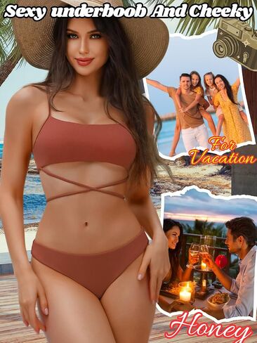Sexy Women Ribbed Two Piece Bikini Set, Scoop Neck Underboob Criss Cross Swimsuit, High Cut Cheeky Bathing Suit Beach in Saudi Arabia