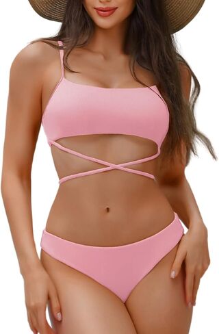 Sexy Women Ribbed Two Piece Bikini Set, Scoop Neck Underboob Criss Cross Swimsuit, High Cut Cheeky Bathing Suit Beach in Saudi Arabia