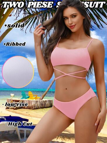 Sexy Women Ribbed Two Piece Bikini Set, Scoop Neck Underboob Criss Cross Swimsuit, High Cut Cheeky Bathing Suit Beach in Saudi Arabia