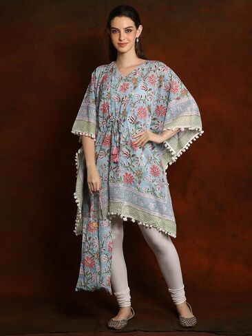 Pure Cotton Short Kaftan with Pom Poms and Cotton Bag in Kuwait
