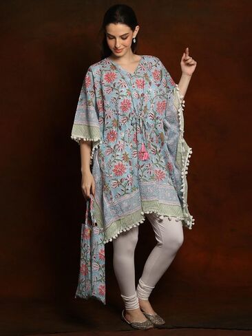 Pure Cotton Short Kaftan with Pom Poms and Cotton Bag in Kuwait