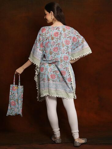 Pure Cotton Short Kaftan with Pom Poms and Cotton Bag in Kuwait