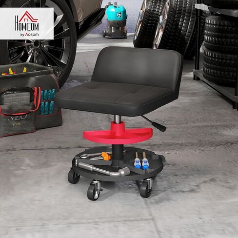 HOMCOM Rolling Mechanic Stool, 300 LBS Capacity Pneumatic Creeper Garage Stool with 360° Wheels, Backrest, Heavy Duty Roller Seat Padded Shop Chair with Tool Tray Storage, Adjustable Height, Black in Saudi Arabia
