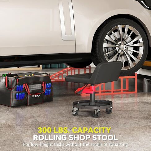 HOMCOM Rolling Mechanic Stool, 300 LBS Capacity Pneumatic Creeper Garage Stool with 360° Wheels, Backrest, Heavy Duty Roller Seat Padded Shop Chair with Tool Tray Storage, Adjustable Height, Black in Saudi Arabia