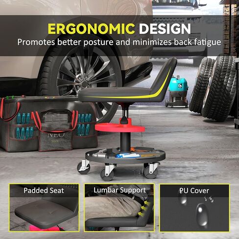 HOMCOM Rolling Mechanic Stool, 300 LBS Capacity Pneumatic Creeper Garage Stool with 360° Wheels, Backrest, Heavy Duty Roller Seat Padded Shop Chair with Tool Tray Storage, Adjustable Height, Black in Saudi Arabia