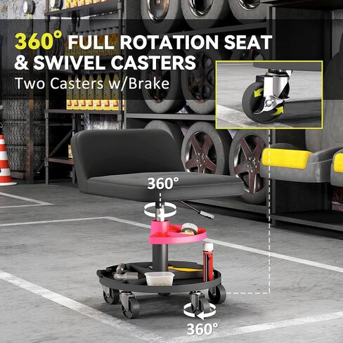 HOMCOM Rolling Mechanic Stool, 300 LBS Capacity Pneumatic Creeper Garage Stool with 360° Wheels, Backrest, Heavy Duty Roller Seat Padded Shop Chair with Tool Tray Storage, Adjustable Height, Black in Saudi Arabia