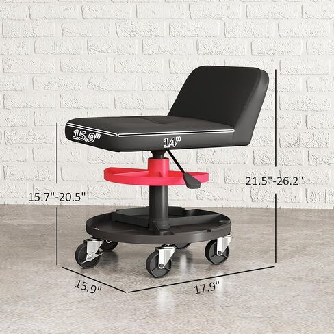 HOMCOM Rolling Mechanic Stool, 300 LBS Capacity Pneumatic Creeper Garage Stool with 360° Wheels, Backrest, Heavy Duty Roller Seat Padded Shop Chair with Tool Tray Storage, Adjustable Height, Black in Saudi Arabia