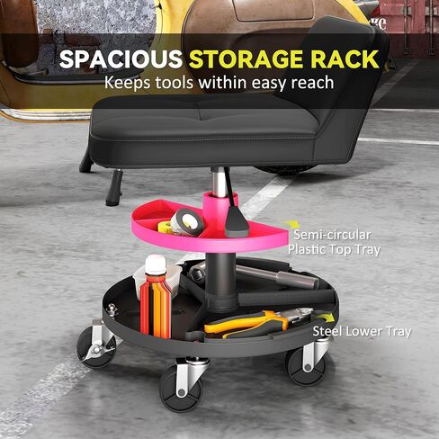 HOMCOM Rolling Mechanic Stool, 300 LBS Capacity Pneumatic Creeper Garage Stool with 360° Wheels, Backrest, Heavy Duty Roller Seat Padded Shop Chair with Tool Tray Storage, Adjustable Height, Black in Saudi Arabia