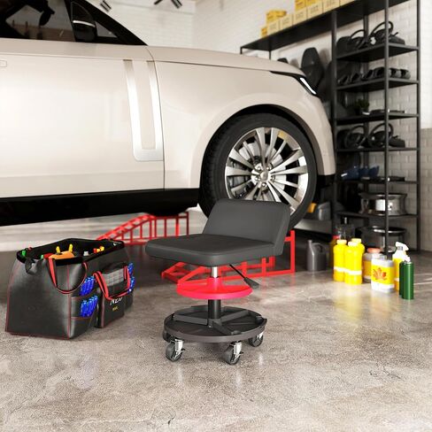 HOMCOM Rolling Mechanic Stool, 300 LBS Capacity Pneumatic Creeper Garage Stool with 360° Wheels, Backrest, Heavy Duty Roller Seat Padded Shop Chair with Tool Tray Storage, Adjustable Height, Black in Saudi Arabia