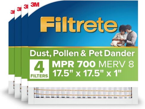 Filtrete 17.5X17.5X1 Air Filter, MPR 700, MERV 8, Clean Living Dust, Pollen and Pet Dander Reduction 3-Month Pleated 1-Inch Air Filters, 4 Filters in Kuwait