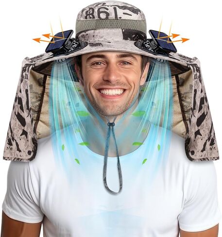 Fishing Hat with 2 Fan Wide Brim Sun Outdoor Hat USB Charging and Solar Powered Fishing Cowboy Hats for Summer Men Women UV Protection Beach Travel Garden Hiking Camping Sports Dark Gray in Kuwait