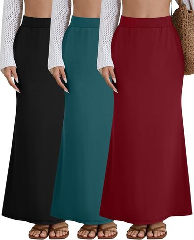 RIYIPER 3 PACK تنانير MAXI للسيدات مع جيوب مرنة عالية الخصر الكاحل طول القطن in Saudi Arabia