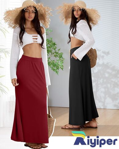 RIYIPER 3 PACK تنانير MAXI للسيدات مع جيوب مرنة عالية الخصر الكاحل طول القطن in Saudi Arabia