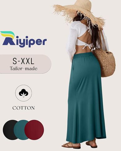 RIYIPER 3 PACK تنانير MAXI للسيدات مع جيوب مرنة عالية الخصر الكاحل طول القطن in Saudi Arabia