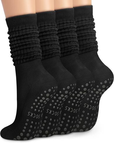 YSense 4 Pairs Pilates Socks with Grips for Women Non Slip Long Slouch Socks Yoga Grippy Sock Slouchy Barre Hospital Slipper in Saudi Arabia