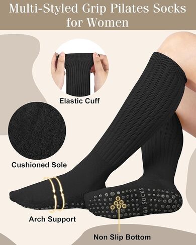 YSense 4 Pairs Pilates Socks with Grips for Women Non Slip Long Slouch Socks Yoga Grippy Sock Slouchy Barre Hospital Slipper in Saudi Arabia