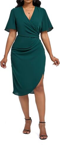 Women's Wrap V Neck Ruched Chiffon Dress Ladies Elegant Slim Fit Office Club Night Out Dresses in Kuwait