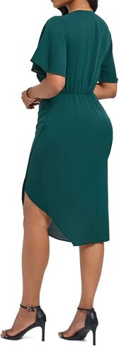 Women's Wrap V Neck Ruched Chiffon Dress Ladies Elegant Slim Fit Office Club Night Out Dresses in Kuwait