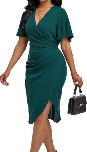 Women's Wrap V Neck Ruched Chiffon Dress Ladies Elegant Slim Fit Office Club Night Out Dresses in Kuwait