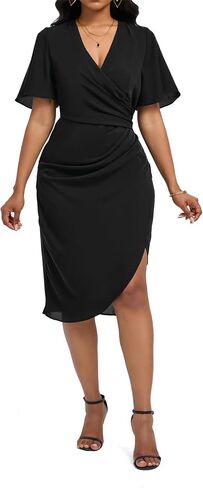 Women's Wrap V Neck Ruched Chiffon Dress Ladies Elegant Slim Fit Office Club Night Out Dresses in Kuwait