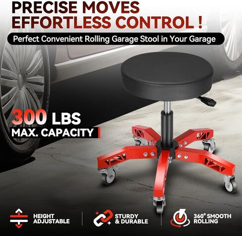 Auto Dynasty Rolling Mechanic Stool, Height Adjustable Heavy Duty Roller Creeper Garage Shop Seat with Padded Seat for Workshop Auto Repair, 300 LBS Capacity, Red in Saudi Arabia